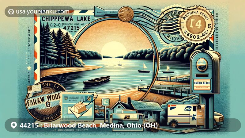Modern illustration of Briarwood Beach, Chippewa Lake, Medina County, Ohio, featuring vintage postal theme and 44215 ZIP code, showcasing local charm and communication elements.