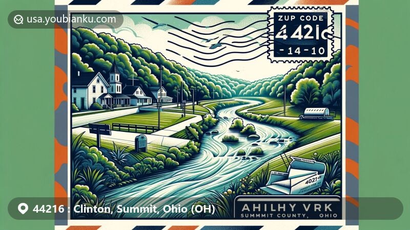 Modern illustration of Clinton, Summit County, Ohio, capturing the essence of ZIP code 44216 with postal theme, featuring Tuscarawas River and Hillside Park, symbolizing the village's history, nature, and community.