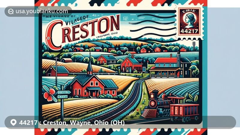 Modern illustration of Creston, Ohio, highlighting postal theme with vintage stamp and postmark featuring ZIP code 44217, showcasing rural landscapes and nods to historic Erie Railroad.