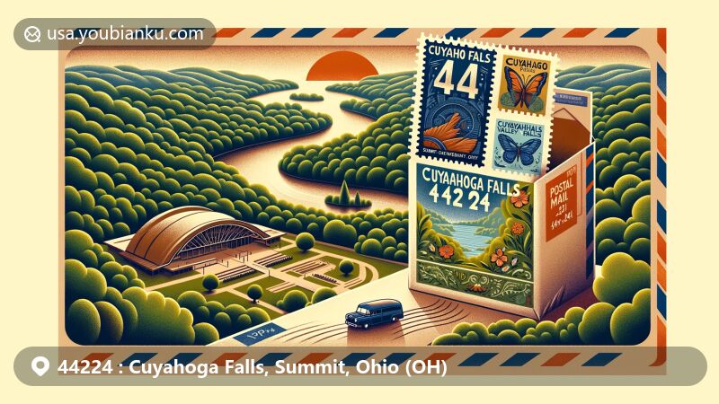 Modern illustration of Cuyahoga Falls area in Summit County, Ohio, showcasing Cuyahoga Valley National Park, Blossom Music Center, and local landmarks like Babb Run Bird & Wildlife Sanctuary and Glens Park Butterfly Garden, with vintage postal theme.