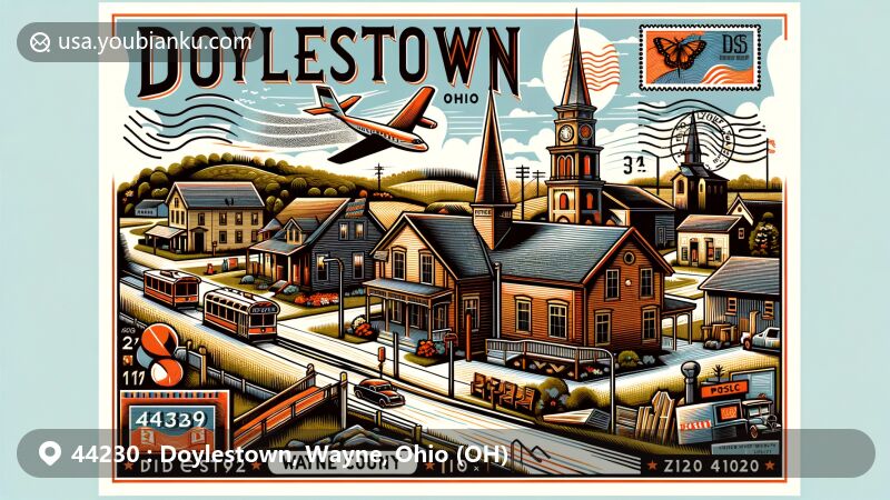 Modern illustration of Doylestown, Wayne County, Ohio, with a postal theme for ZIP code 44230, showcasing historical landmarks, vintage postage elements, and the essence of early settlement and coal mining heritage in a creative way.