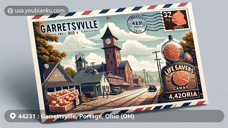 Modern illustration of Garrettsville, Ohio, Portage County, featuring ZIP code 44231, showcasing maple syrup processing heritage and Life Savers candy invention.