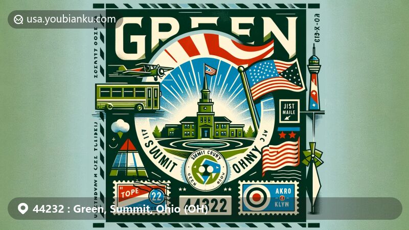 Modern illustration of Green, Summit County, Ohio, depicting ZIP code 44232 area with city flag, first two-lane roundabout in Summit County, vintage air mail envelope, postage stamps, and postmark.