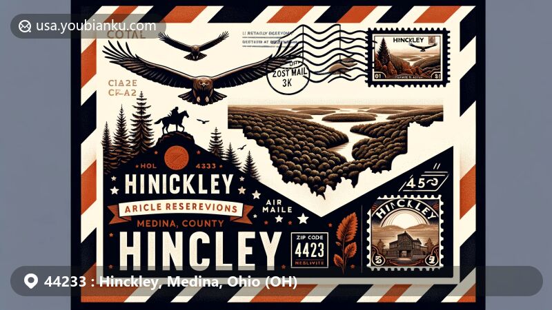 Modern illustration of Hinckley, Medina County, Ohio, featuring air mail envelope design with ZIP code 44233, showcasing iconic imagery of Hinckley Reservation and buzzard symbols for Return of the Buzzards event.