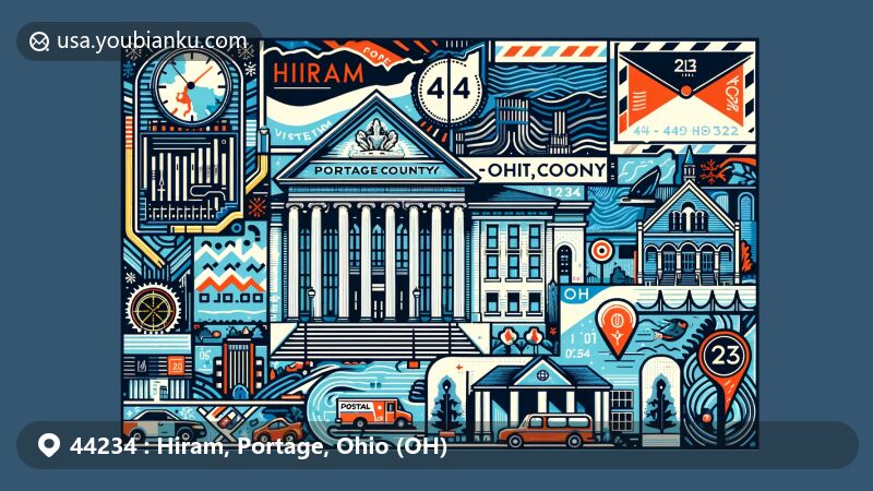 Modern illustration of Hiram, Portage County, Ohio, highlighting postal theme with ZIP code 44234, featuring Hiram College Library, seasonal weather symbols, and postal imagery like airmail envelope and stamps.