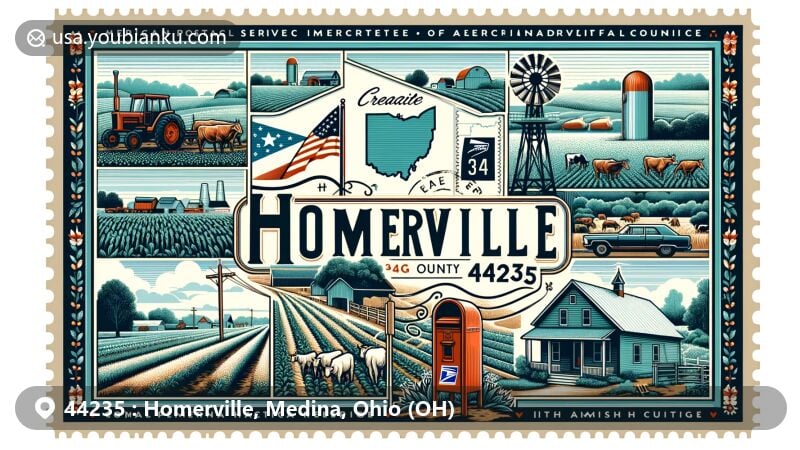 Modern illustration of Homerville, Medina County, Ohio, capturing the essence of rural and agricultural community with scenes of livestock raising, dairy farming, and crop cultivation, featuring American postal symbols like a classic mailbox and a post stamp with ZIP code 44235.