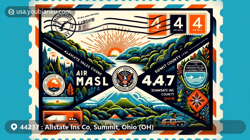 Modern illustration of Allstate Ins Co in ZIP Code 44237, Summit County, Ohio, showcasing air mail envelope design with Cuyahoga Valley National Park and Summit County seal for local pride.
