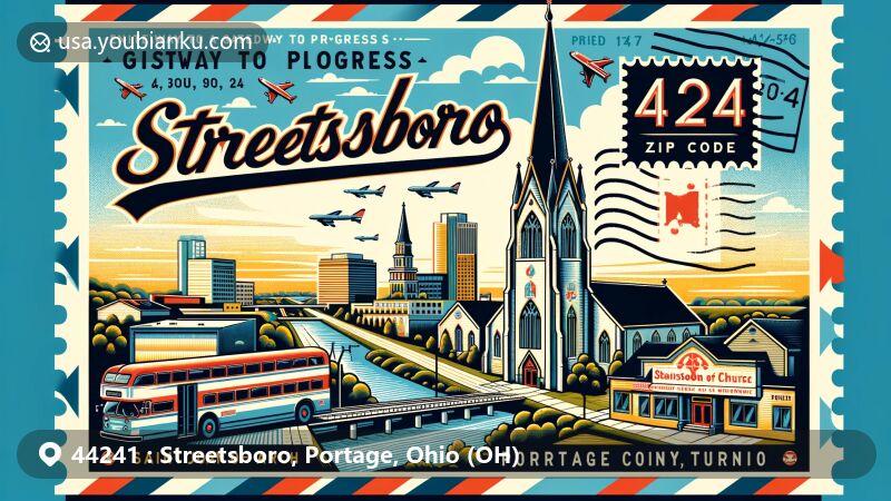 Modern illustration of Streetsboro, Portage County, Ohio, representing ZIP code 44241 and showcasing growth from a farming community to a modern retail hub since the opening of the Ohio Turnpike in 1955. Features Saint Joan of Arc Church and a postcard theme with stamps.