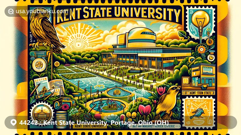 Modern illustration of Kent State University in Portage, Ohio, showcasing campus life and historical significance during the Vietnam War protests. Features iconic symbols like Kent State University Wetlands, Art and Margaret Herrick Aquatic Ecology Research Facility, and Liquid Crystal Institute.