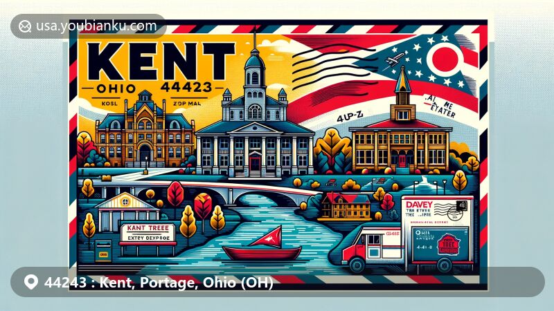 Contemporary illustration of Kent, Ohio, featuring ZIP code 44243, emphasizing Cuyahoga River, Kent State University, Davey Tree Expert Company, Ohio state flag, and postal theme.