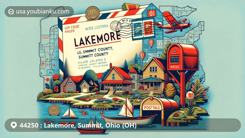 Modern illustration of Lakemore, Summit County, Ohio, showcasing community vibrancy and postal theme with vintage air mail envelope, stamps, postmark, and red mailbox, integrating local wildlife, village park, and Summit County map outline.