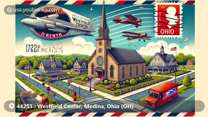 Modern illustration of Westfield Center, Medina, Ohio (OH), featuring Universalist Church, rural landscapes, and postal elements with ZIP code 44251.
