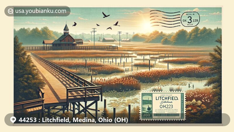 Modern illustration of Litchfield, Medina County, Ohio, featuring Litchfield Wetlands Nature Preserve, Das Weinhaus silhouette, native plants, and a vintage postal theme with ZIP code 44253.