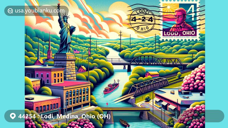 Modern illustration of Lodi, Ohio, in Medina County, featuring ZIP code 44254, showcasing East Fork of the Black River, postal theme with stamps and postal mark, Hidden Hollow Camp, historic railroad bridges, rhododendron trees, Indian statue, and Sweet Corn Festival.