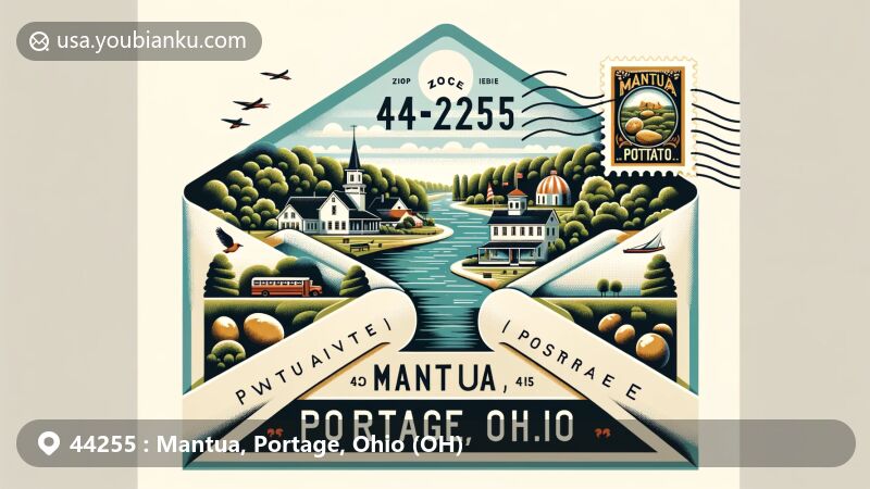 Modern illustration of Mantua, Portage, Ohio, portraying ZIP code 44255 in a wide envelope design, featuring Cuyahoga River, Historic Snow Home from 1815, and Mantua Potato Festival stamp.