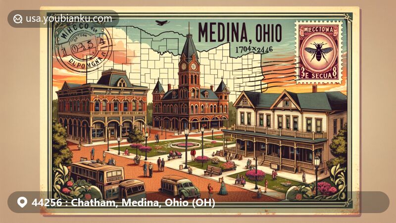 Vintage-style postcard design for ZIP code 44256, featuring charming Medina, Ohio, with historic town square, Uptown Park, Ohio and Medina County outlines. Vibrant depiction of Victorian architecture, community spirit, and outdoor ambiance.