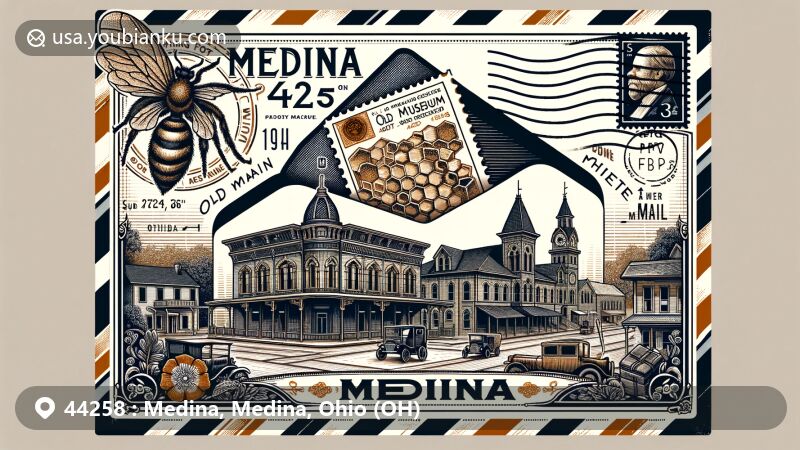 Modern illustration of Medina, Ohio, capturing the essence of ZIP code 44258 with vintage air mail envelope design, showcasing historic town square, Victorian buildings, Old Fort Museum, A.I. Root Company's beehives, Buckeye Woods Park fishing, and Medina county outline.