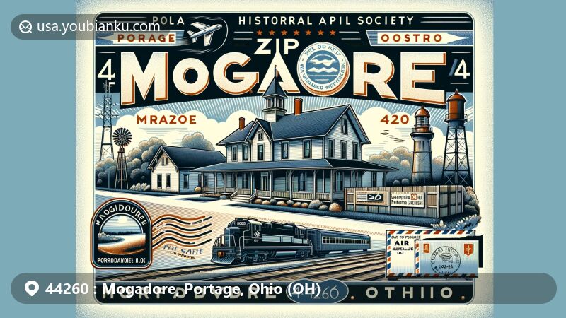Modern illustration of Mogadore, Portage, Ohio, depicting postal theme with ZIP code 44260, featuring the Mills-Kreiner House and Norfolk and Western Railroad depot.