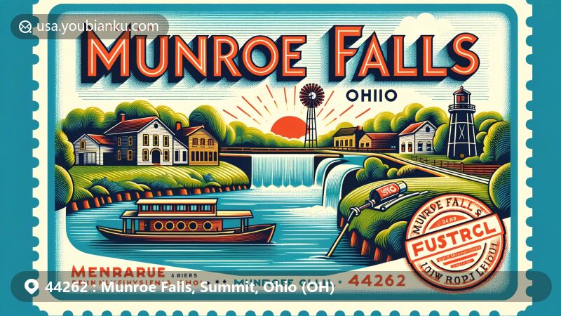 Modern illustration of Munroe Falls, Ohio, depicting ZIP code 44262, featuring Munroe Falls Metro Park, vintage paddleboat, SGS Tool Company, postal elements, and scenic beauty.