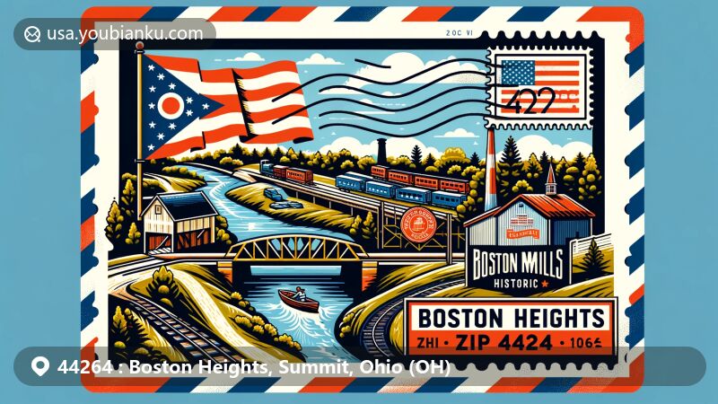 Modern illustration of Boston Heights, Ohio, showcasing postal theme with ZIP code 44264, featuring Ohio state flag, covered bridge, canal, railroad, vintage postage stamps, and mailbox.