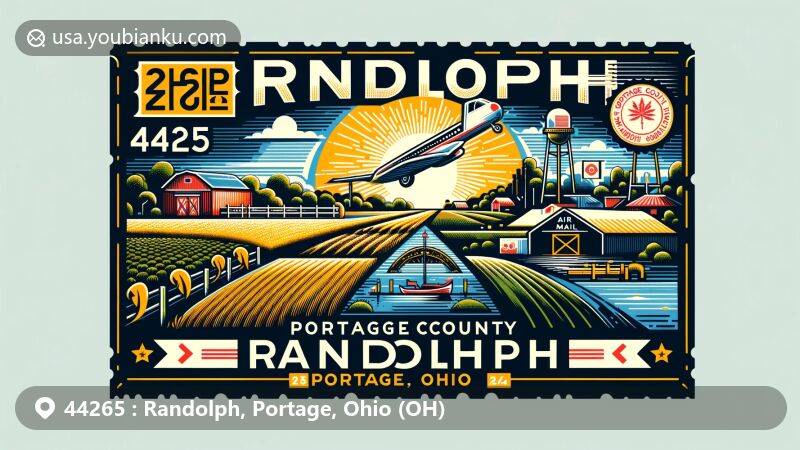 Modern illustration of Randolph, Portage County, Ohio, highlighting postal theme with ZIP code 44265, featuring vibrant air mail envelope and artistic representation of Portage County Randolph Fairgrounds.