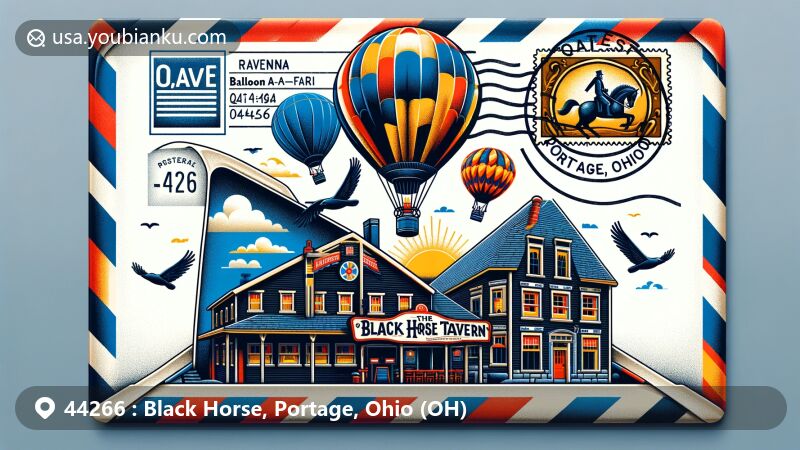 Modern illustration of Black Horse Tavern and colorful hot air balloons representing Ravenna Balloon A-Fair on an airmail envelope, with postal code 44266, Quaker Oats stamp, and postmark from Portage, Ohio.
