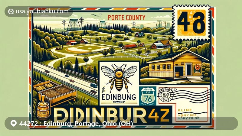 Modern illustration of Edinburg Township, Portage County, Ohio, showcasing postal theme with ZIP code 44272, featuring Interstate 76, Kline Honey Bee Farm, Edinburg Park, and local recreational activities.
