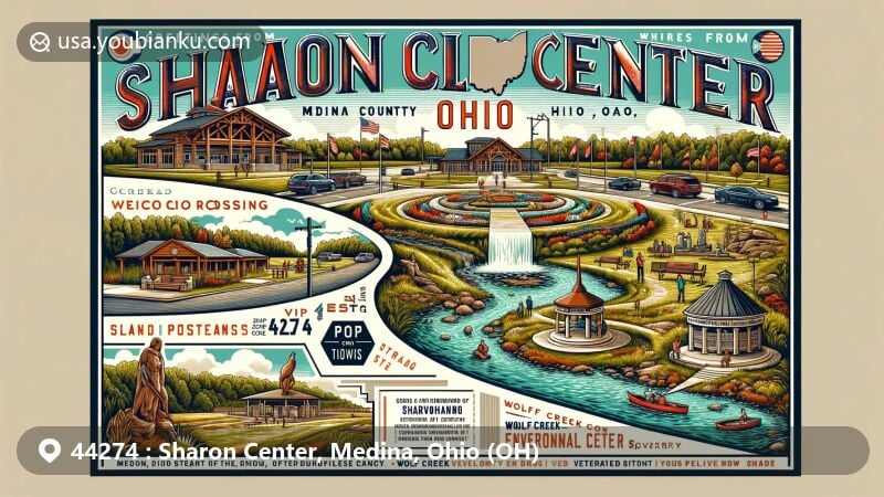 Modern illustration of Sharon Center, Medina County, Ohio, featuring Paleo Crossing site, Wolf Creek Environmental Center, and community landmarks, emphasizing ZIP code 44274.