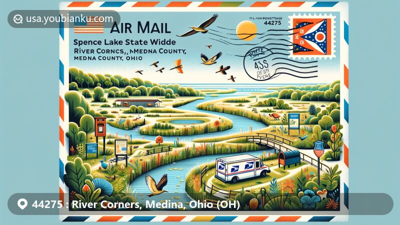 Modern illustration of River Corners, Medina, Ohio, highlighting the scenic Spencer Lake State Wildlife Area with wetlands, grasslands, and woodlands, showcasing biodiversity and postal theme with ZIP code 44275.