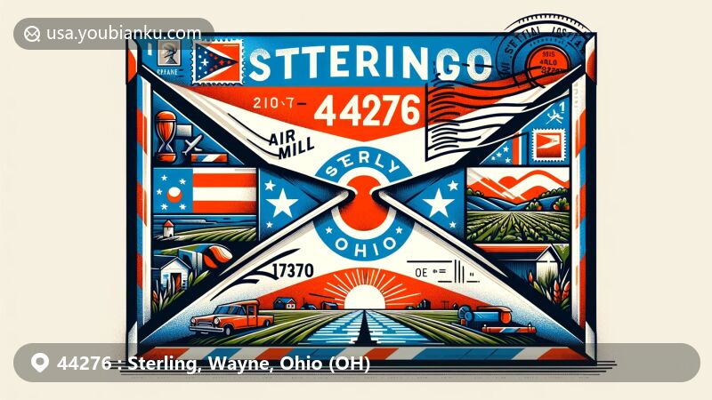 Modern illustration of Sterling, Ohio, showcasing postal theme with ZIP code 44276, featuring creatively designed air mail envelope in Ohio state flag colors.