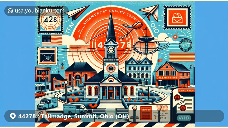 Modern illustration of Tallmadge Circle, Summit County, Ohio, showcasing postal theme with ZIP code 44278, featuring iconic landmarks like First Congregational Church and Old Town Hall.
