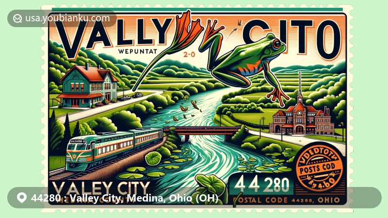 Modern illustration of Valley City, Medina County, Ohio, highlighting natural beauty with Rocky River and Plum Creek, featuring Valley City Depot Museum and 'The Frog Jump Capital of Ohio,' postal-themed elements and Ohio state symbols.