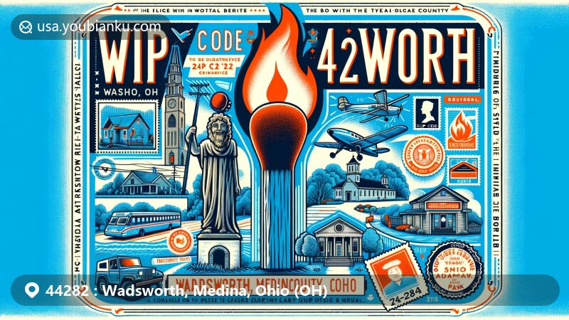 Vibrant illustration of Wadsworth, Ohio, highlighting Blue Tip Festival, Boy with the Leaky Boot statue, St. Mark's Church, and River Styx Park in ZIP code 44282, designed like a vintage postcard with postal elements.