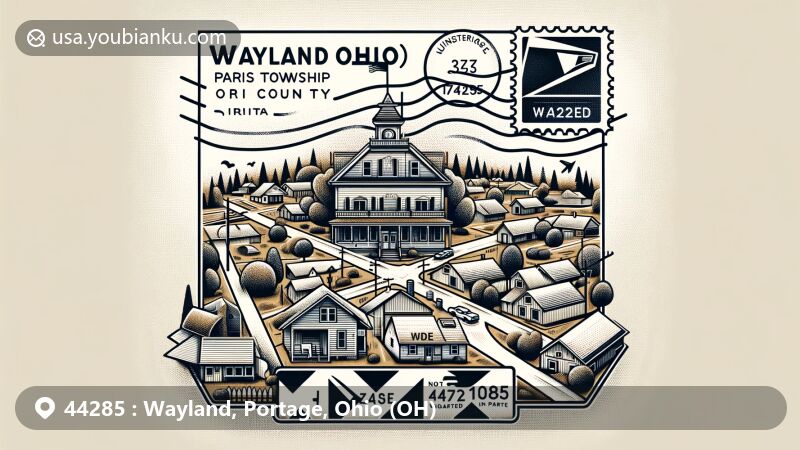 Creative illustration of Wayland, Ohio, in Paris Township, Portage County, blending geography with postal elements and featuring ZIP code 44285.