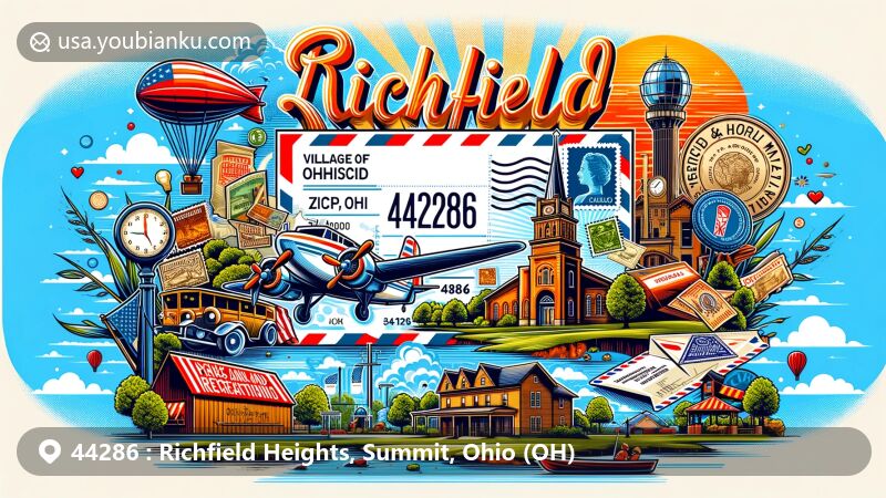 Modern illustration of Richfield Heights, Summit County, Ohio, featuring postal theme with ZIP code 44286, blending geographic elements, cultural landmarks, vintage air mail envelope, stamps, and postmark.