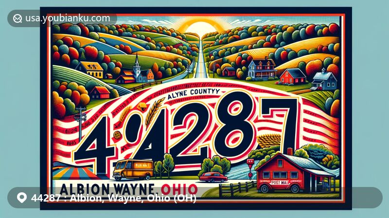 Modern illustration of Albion, Wayne County, Ohio, featuring ZIP code 44287 and a creative postal theme with classic postal symbols like stamps and a postmark, set in a countryside backdrop with rolling hills and lush greenery.
