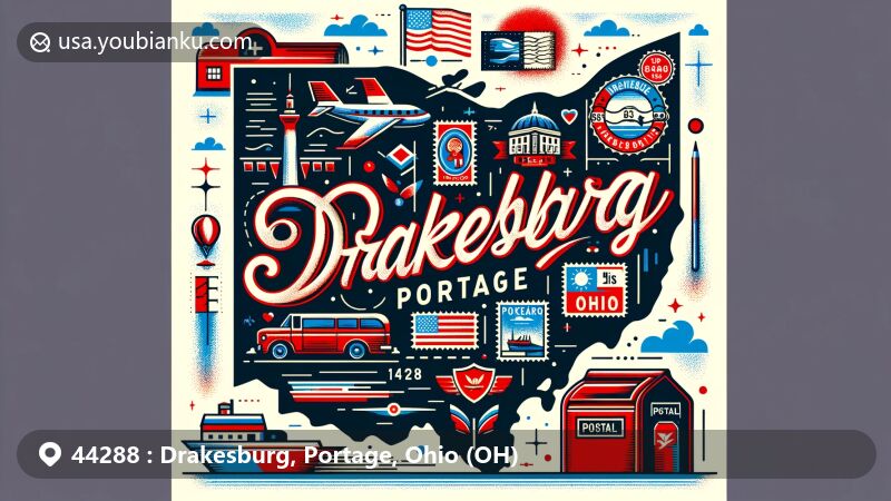 Modern illustration of Drakesburg, Portage, Ohio, featuring regional and postal themes with iconic Ohio state flag elements and vintage postal elements, suitable for a postal-themed webpage.