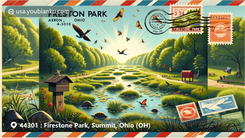 Modern illustration of Firestone Park, Akron, Ohio, featuring vintage air mail envelope with ZIP code 44301, stamps, and postal theme, showcasing lush landscapes and wildlife in a creative style.