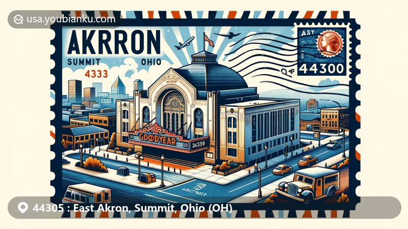 Modern illustration of East Akron, Summit, Ohio, with ZIP code 44305, showcasing Goodyear Theater & Hall and postal elements, symbolizing the area's historical significance as the 'Rubber Capital of the World' and modern cultural redevelopment.