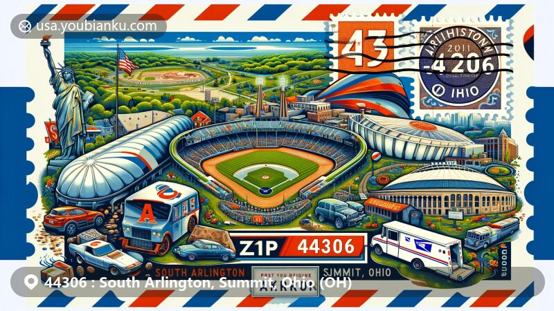 Modern illustration of ZIP code 44306 in South Arlington, Summit, Ohio, featuring local landmarks like Wilbeth Arlington Park, Firestone Stadium, and Firestone Country Club, with a creative postal theme.