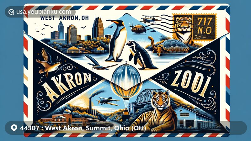 Modern illustration of West Akron, Ohio, showcasing postal theme with ZIP code 44307, featuring Akron Zoo with penguins, turtles, jaguars, and tigers; Goodyear Tire & Rubber Company HQ with tire and blimp; Howard Street District jazz club scene; and Hall Park Allotment Historic District American architecture.