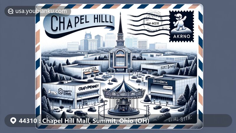 Modern illustration of Chapel Hill Mall in Akron, Ohio, ZIP Code 44310, transitioning from a shopping center to a business park, featuring Craft33, Driverge, and Quantix in a vibrant business park setting with traces of its past including JCPenney, Sears, Macy's, Archie the Talking Snowman, and the carousel now at Lock 3 Park, all within an airmail envelope outline.