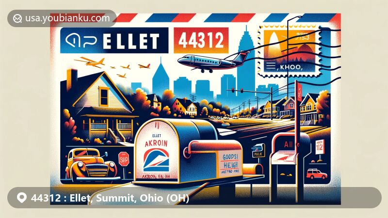 Modern illustration of Ellet community in Akron, Ohio, highlighting postal theme with ZIP code 44312, featuring residential areas, green spaces, an unfolded airmail envelope displaying '44312', stamps depicting local landmarks like Goodyear Heights Metro Park or Springfield Lake Park, and a postmark with 'Ellet, Akron, OH' and current date, alongside a typical American mailbox.
