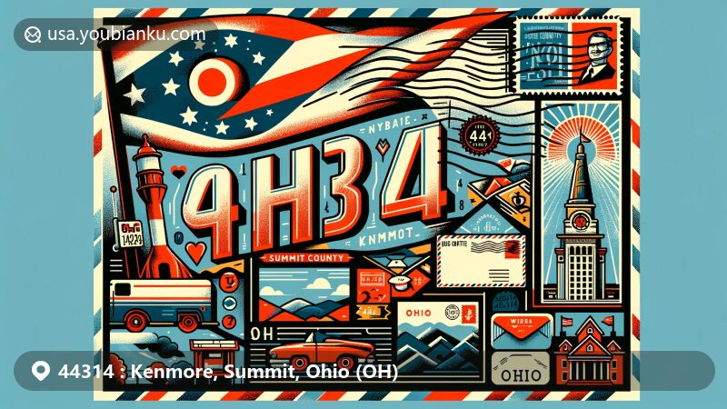 Modern illustration of Kenmore, Summit County, Ohio, inspired by postal theme with ZIP code 44314, featuring state flag and local landmarks.