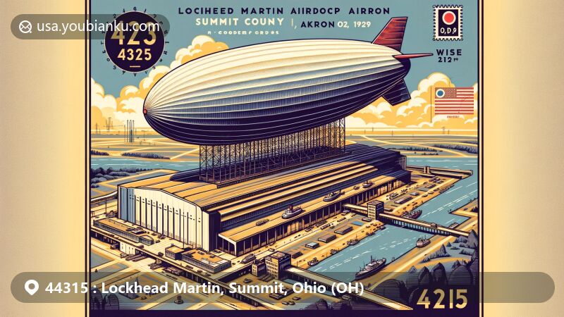 Modern illustration of Lockheed Martin Airdock in Akron, Ohio, showcasing historic airship construction facility and postal theme with ZIP code 44315, featuring iconic Goodyear building.