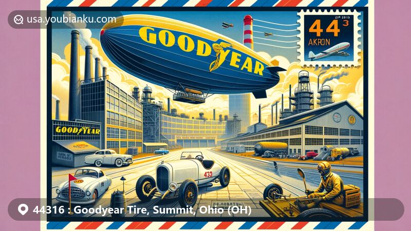 Modern illustration of the Goodyear Tire area, Summit County, Ohio, with vintage Goodyear blimp, race car, and rubber worker statue, capturing the company's legacy in automotive and aerospace industries.