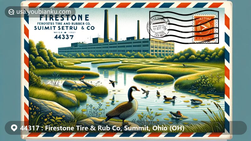 Modern illustration of Firestone Tire & Rub Co, Summit, Ohio (OH), showcasing a creative airmail envelope featuring the tranquil landscape of Firestone Metro Park with diverse wetlands, marsh meadows, and various bird species, reflecting the park's biodiversity. The design also incorporates historic buildings of Firestone Tire and Rubber Company, symbolizing the region's industrial heritage, along with stamps, postmarks, and the '44317' ZIP code, highlighting postal elements. This artwork cleverly blends nature and industrial themes, making it visually striking and suitable for web illustrations.