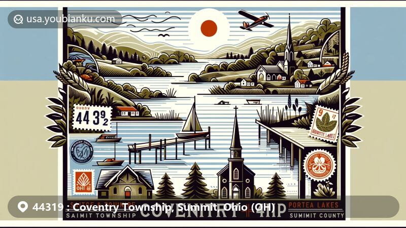 Modern illustration of Coventry Township, Summit County, Ohio, showcasing regional charm with Portage Lakes scenery and postal elements, featuring vintage postcard aesthetic and symbolic stamps representing Ohio state, Summit County, and ZIP code 44319.
