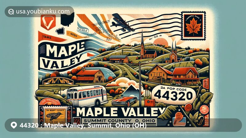 Modern illustration of Maple Valley, Summit County, Ohio, featuring postal elements with vintage air mail envelope, stamps, postal mark, and ZIP code 44320, capturing the essence of the area in a contemporary style.