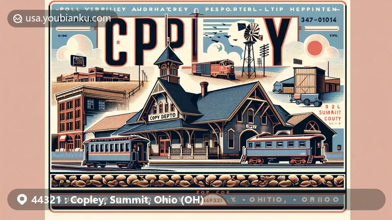 Modern illustration of Copley, Summit County, Ohio, featuring the ZIP code 44321, showcasing the late Victorian architecture Copley Train Depot, restored caboose, suburban developments, strip malls, and agricultural landscapes.